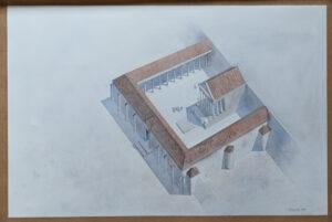 Proposition de restitution aquarellée du Temple avec son portique